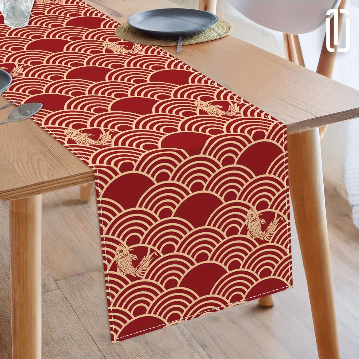 JIT 1 pc Red Wave Pattern Koi Fish Table Runner 2D Flat Print Traditional Home Decor Dining Table Decoration Elegant Charming