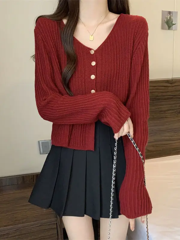 Cardigan lavorato a maglia coreano Sle ort Svel V-Ne maglione a tubo dritto dal design casual allentato per l'inizio dell'autunno da donna