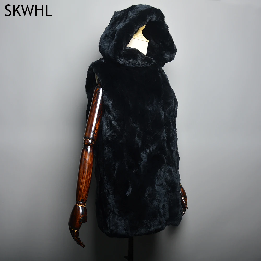 Luxury Women Hooded Fur Coat Beige Rex Rabbit Fur Vest Sleeveless with Hood Winter Rex Rabbit Fur Waistcoat 100% Real Fur Vest