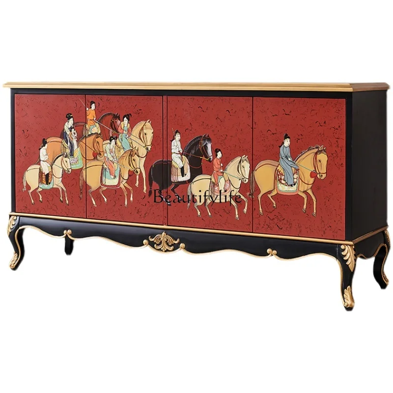 

Modern new Chinese living room solid wood carving dining side table storage decorative locker