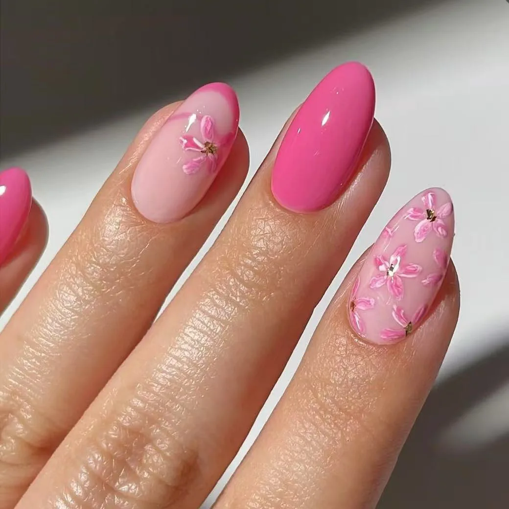 

24Pcs Short Almond False Nails Press on Simple Pink French Flower Design Fake Nails Shiny Powder Reusable Full Cover Nails Tips