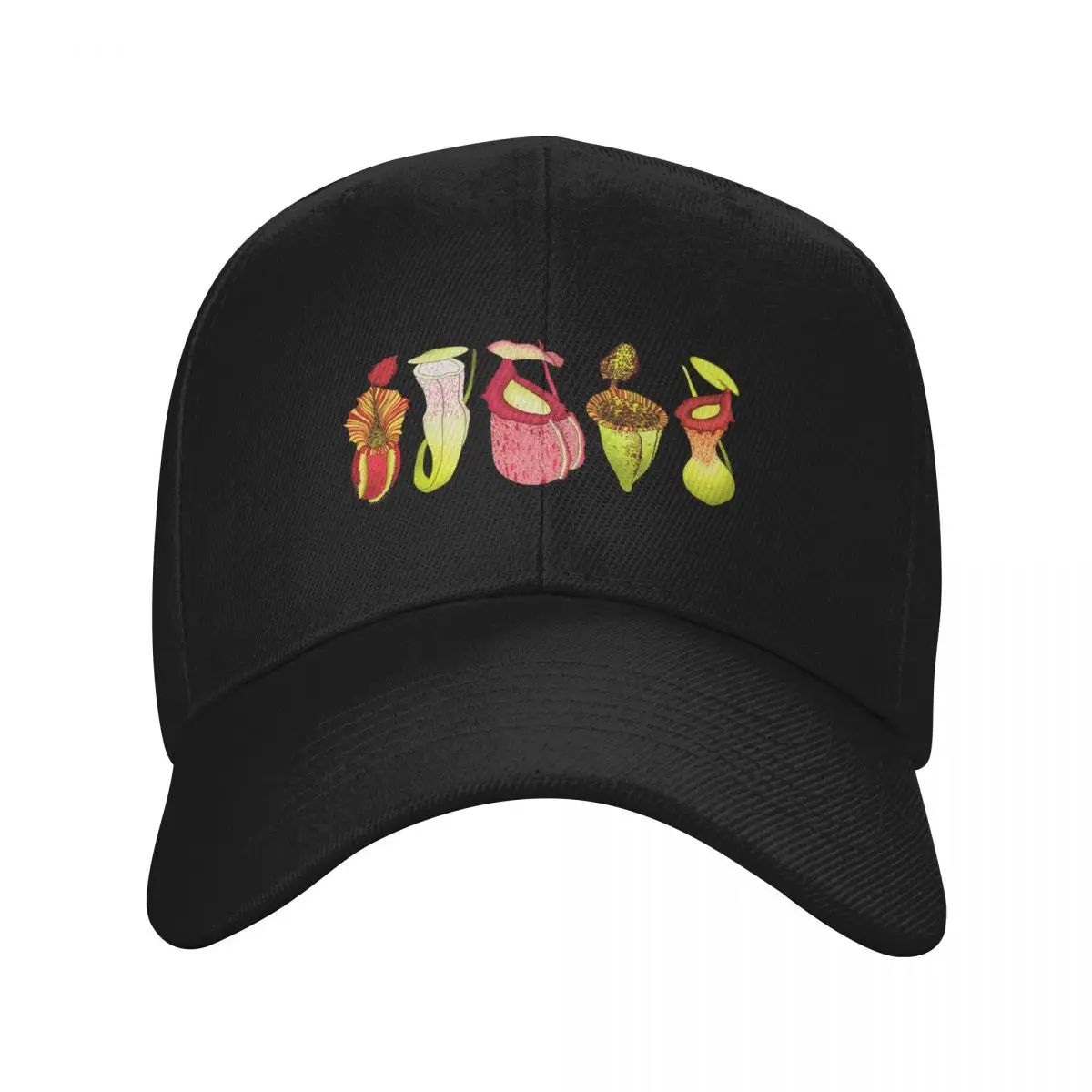 

Five Carnivorous Nepenthes Pitcher Plants on Dark Green Baseball Cap golf hat genuine Icon black Caps Male Women's