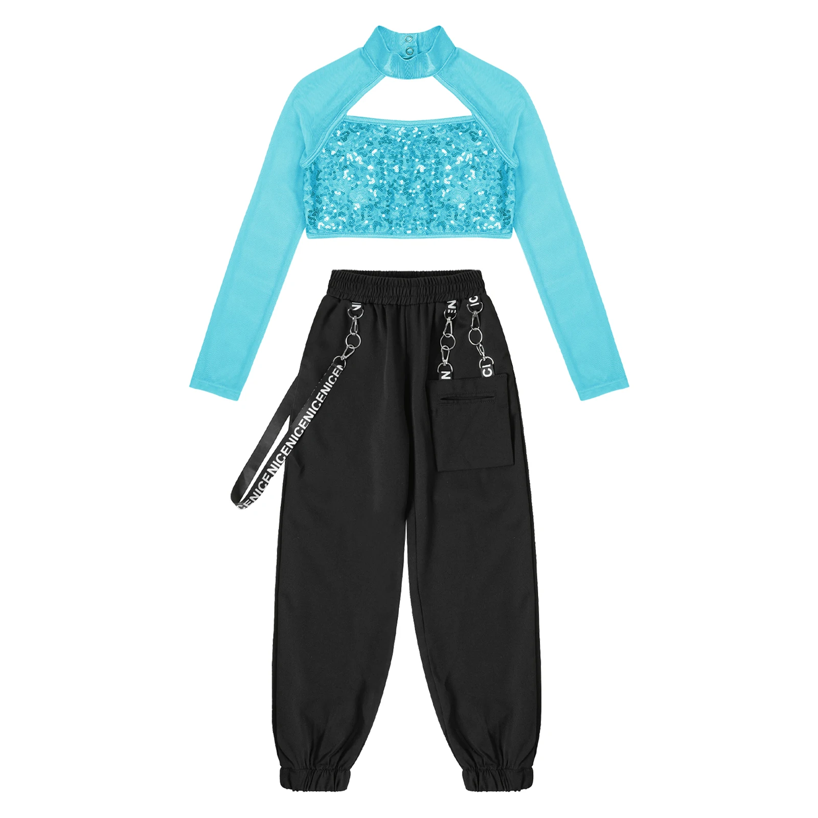 Children Girls Hip Hop Jazz Street Dance Costume Long Sleeve Shiny Sequin Cutout Crop Top with Chain Pants Performance Dancewear