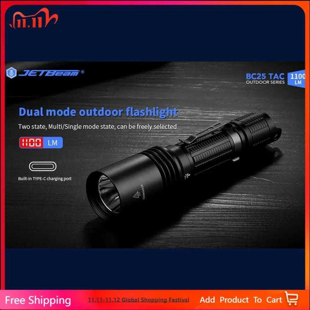 

JETBeam BC25TAC Outdoor Rechargeable Flashlight, LED Tail Magnet With 1100 Lumens Portable Water Resistant Spootlight Black