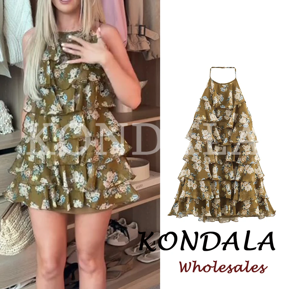 KONDALA Chic 2026 Damen Grünes Blumenprint-Kleid Urlaubshafte Neckholder-Rückenfreie Stufenkleider Sommer Elegante Damenkleider