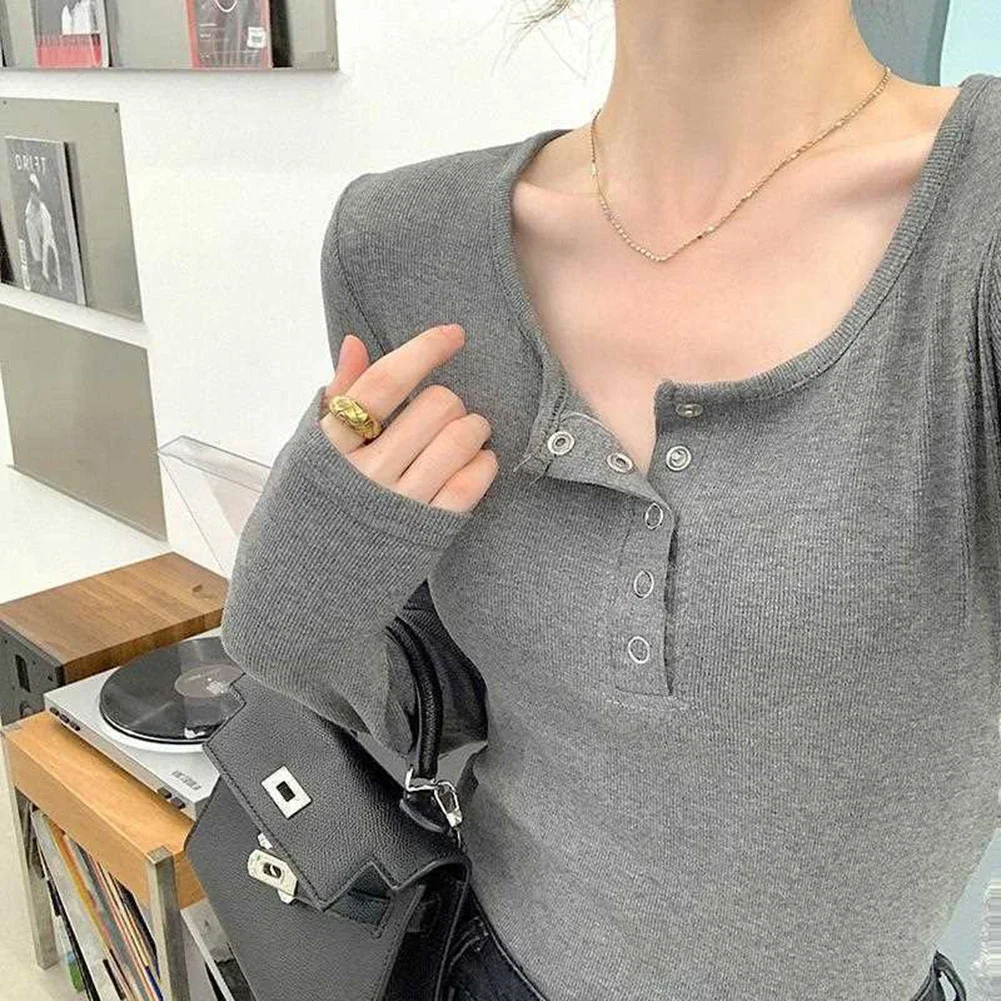 Casual Long Sleeve Top Slim Fit T-Shirt Regular Length Slightly Stretchable Solid Color Design Suitable For Vacation