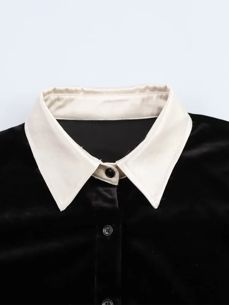 Estilo europeo nueva moda mujer todo fósforo temperamento terciopelo empalme abierto camisa de plumas de ganso pantalones
