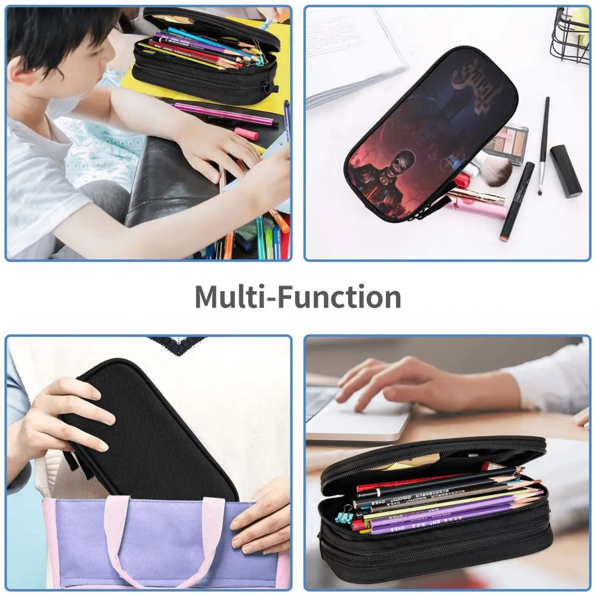 Large Capacity Pencil Case Ghost Rock Metal Band School Accessories Double Layer Pencil Bag Women Makeup Bag Suprise Gift