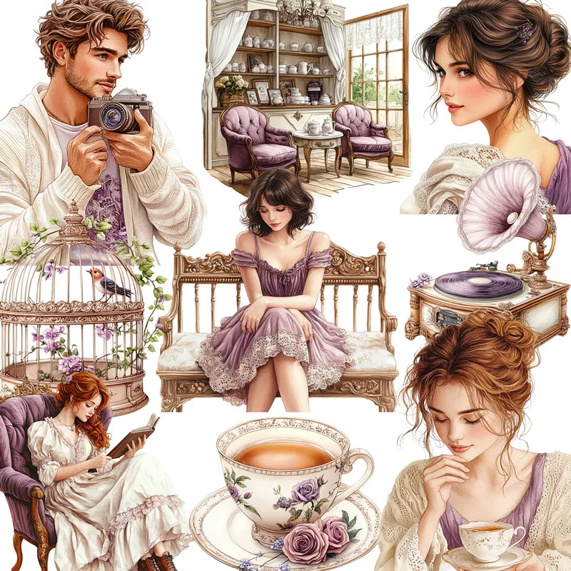 

Purple Reading Coffee Girl Stickers Crafts And Scrapbooking stickers kids toys book Decorative sticker DIY Stationery