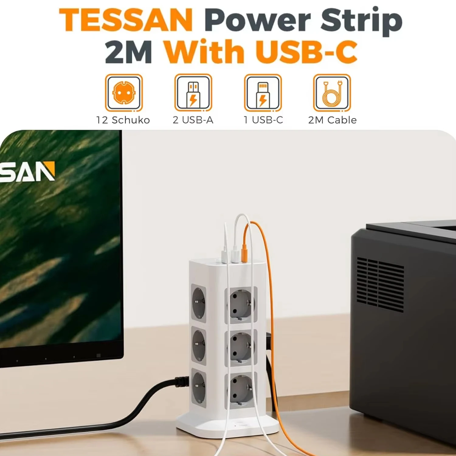 TESSAN Tower Power Strip with Surge Protector Tower Extension Socket 12 Outlets 3 USB with 2M Extension Cable for Home Office