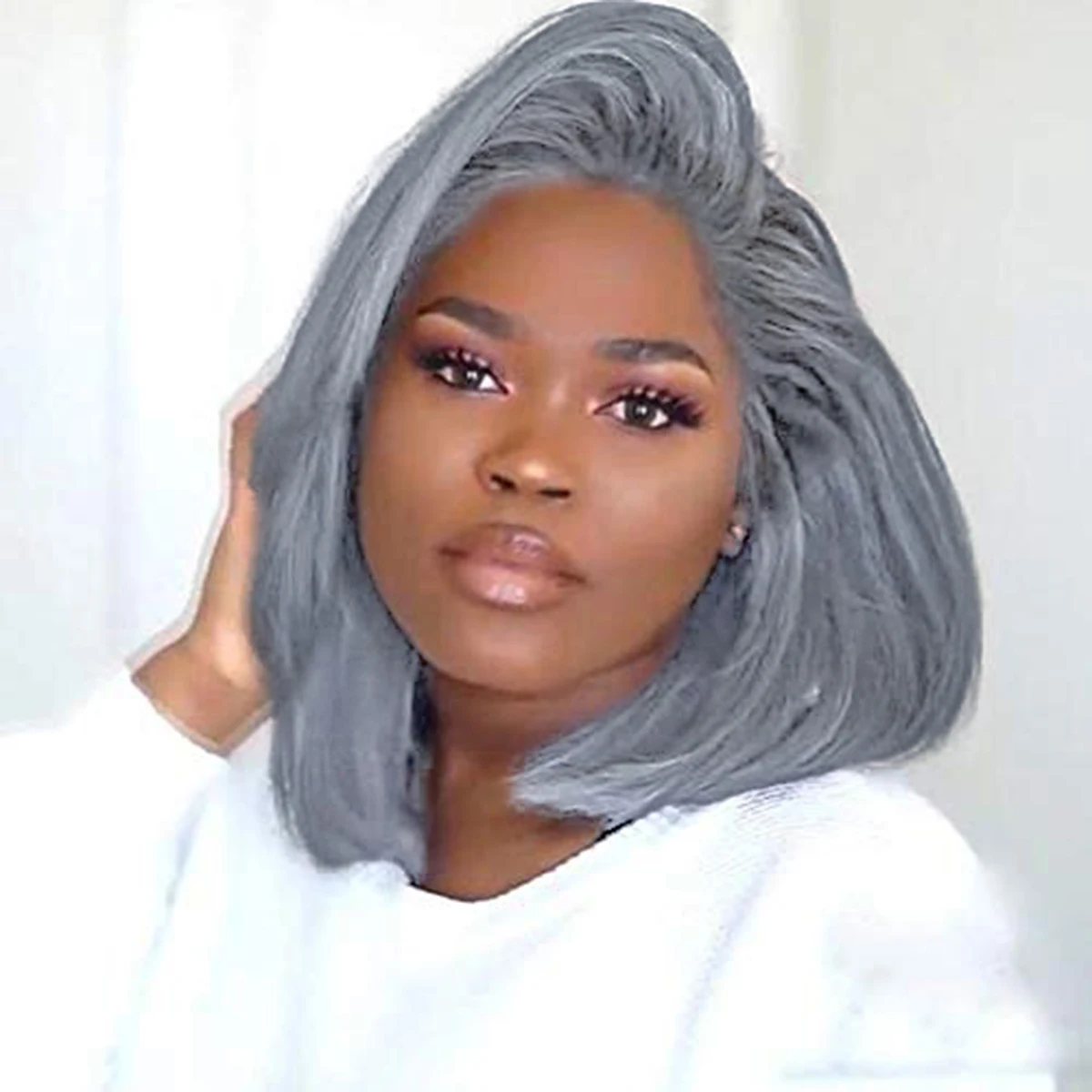 Wig Hair Woman Syntheic Wig Material Straight Bob Style Beauty and Personal Care Light Grey Blue Color Modern Style Wig Cap