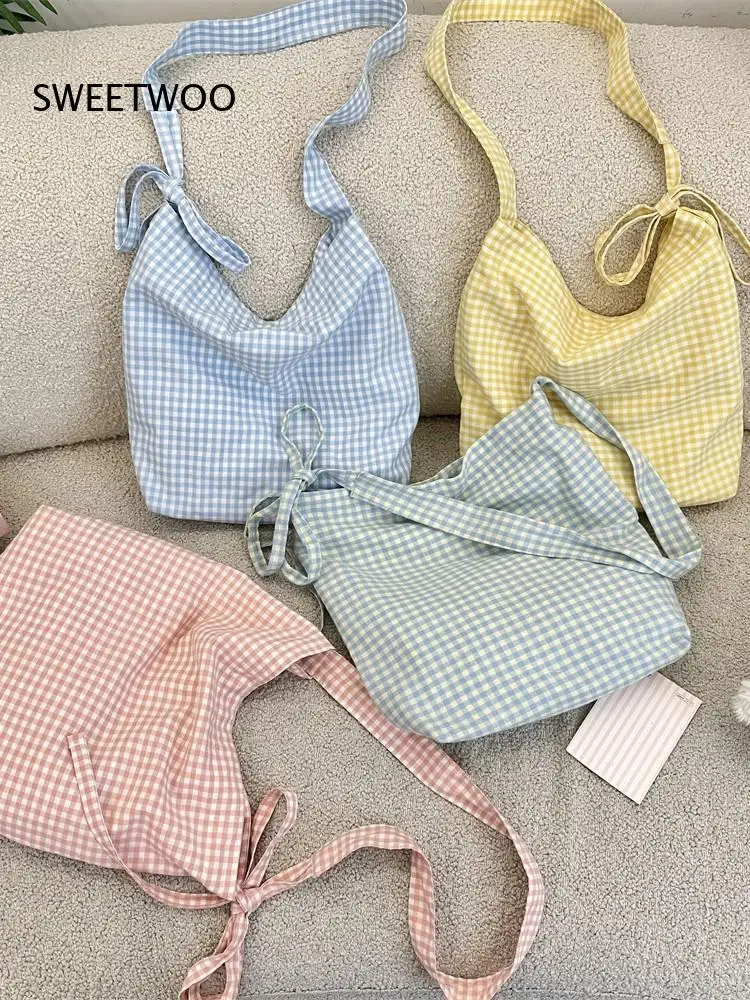 Spring Pastel Grid Polyester Tote Bag Tie Shoulder Strap Dual Use Cross Body Hand Bag Large Capacity Student Storage Women Purse