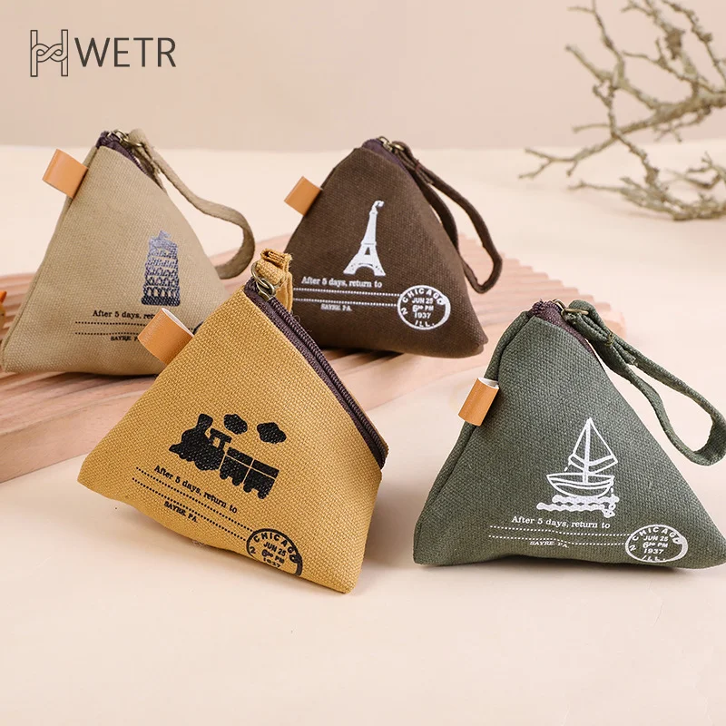 Women'S Creative Retro Dumpling Coin Purse Fashion Canvas Cute Coin Purse Key Bags Tower Print Triangle Portable Mini Bag