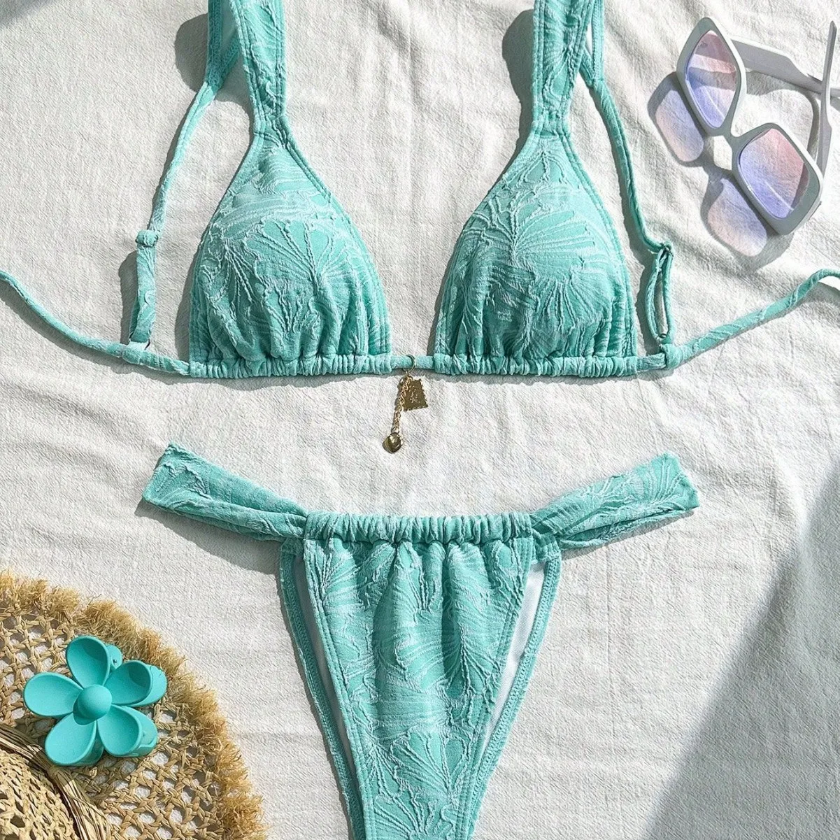 

Jacquard Triangle Bikini Set Women Adjustable Straps Tie Side Two-Piece Swimsuit