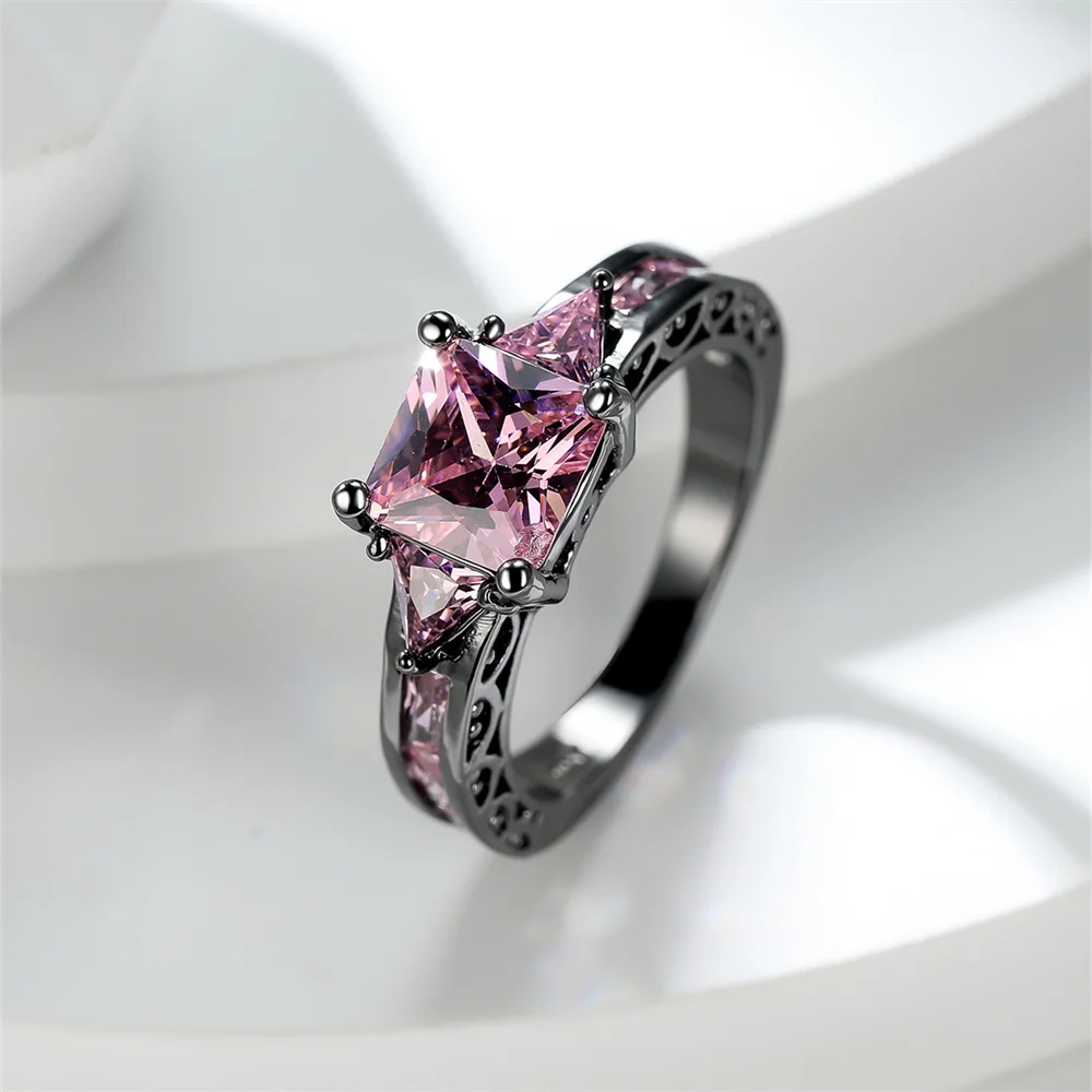 Elegant Pink Crystal Square Stone Rings For Women Vintage Black Metal Wedding Band Engagement Promise Jewelry Mother's Day Gifts