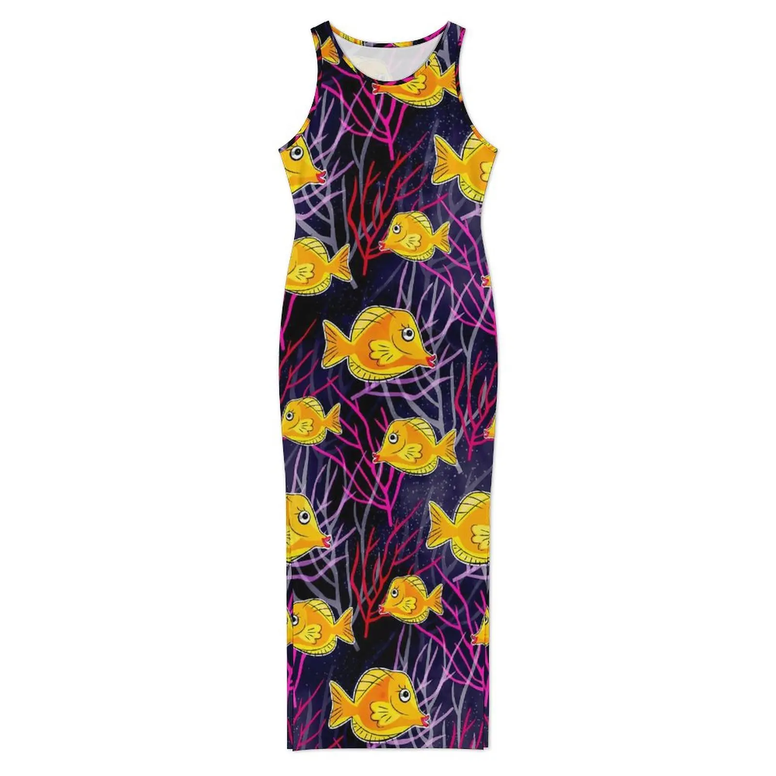 Women Bodycon Dress Vintage Sea Fish in The Ocean Maxi Dresses Spring Yellow Tang Sleeveless Streetwear Graphic Dress 3XL 4XL