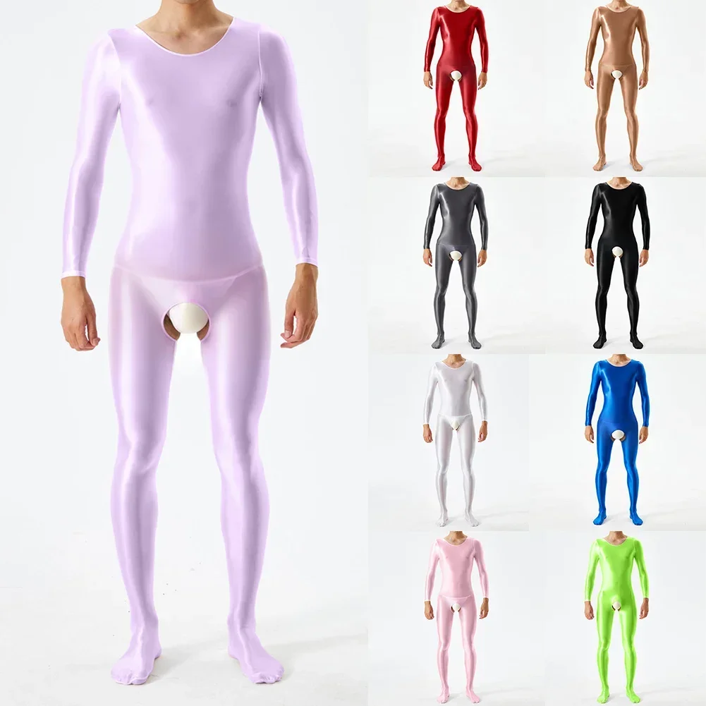 

Men Stretchy Glossy Bodystocking Long Sleeve Body Jumpsuits Crotchless Sports Fitness Bodysuit Underwear Plus Size