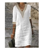 Women Cotton Linen Mini Dresses Summer Fashion Retro Solid V Neck Loose Dress Female Casual Elegant Mid-Sleeve Dress Vestidos