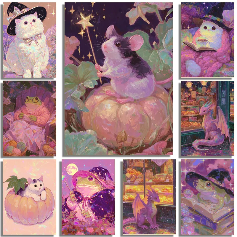 Póster Artístico de Animales Mágicos en Rosa y Morado: Rana, Gato, Dragón, Impresión en Lienzo, Decoración de Pared para Halloween, Sala de Estar, Dormitorio