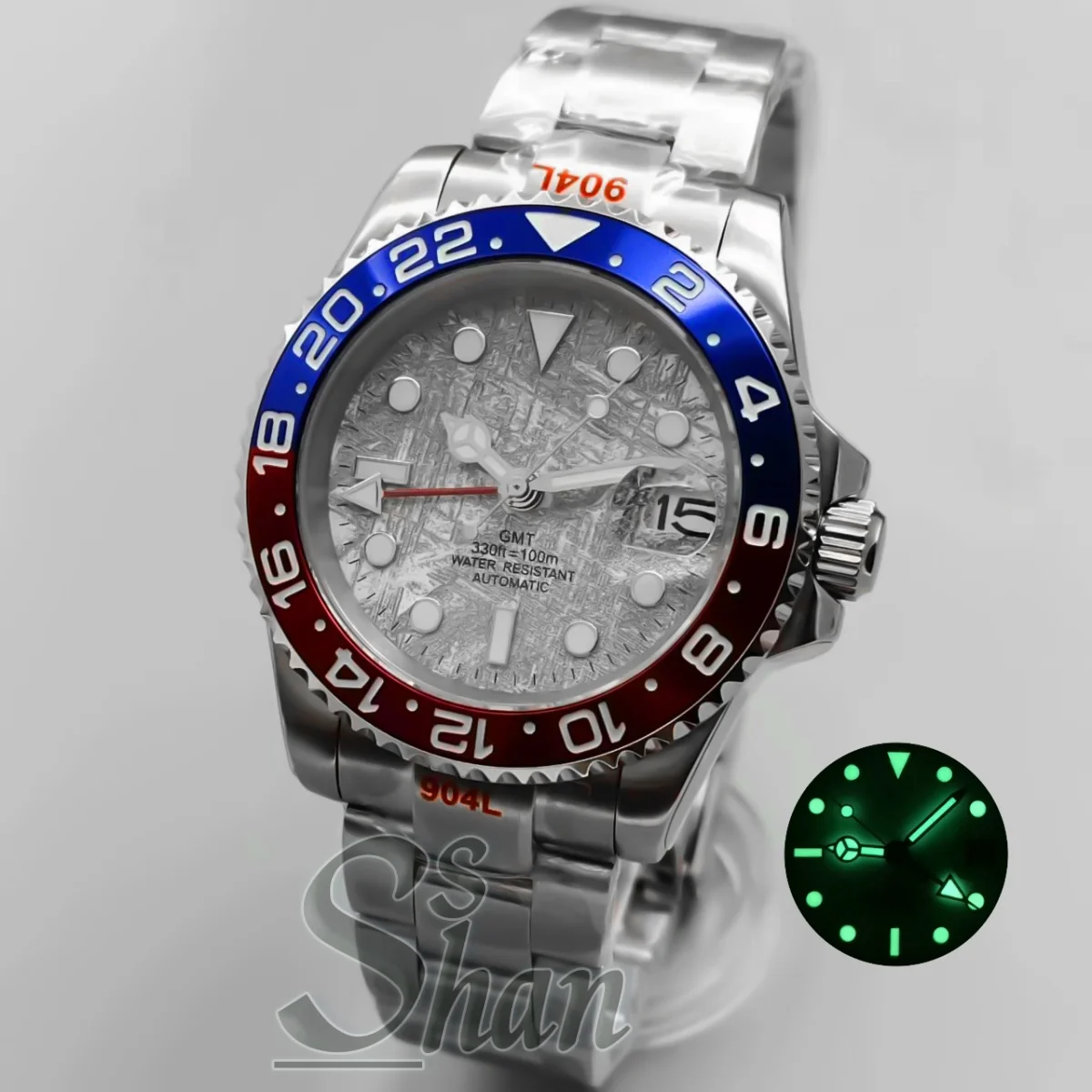Montre mécanique de luxe NH34 GMT, logo personnalisé, 40mm, lunette en céramique, verre saphir, cadran lumineux vert, résistant à l'eau jusqu'à 10ATM