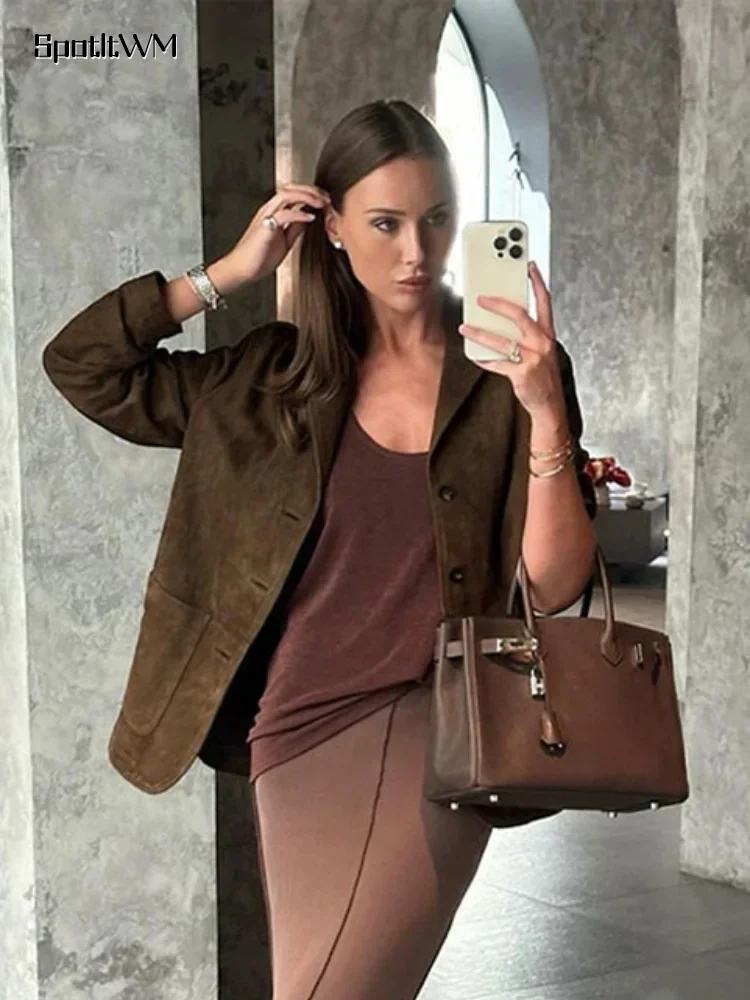 Elegant Fashion Suede Leather Blazer Woman's Casual Lapel Single Breasted Long Sleeve Jacket 2024 New Autumn High Street Outwear