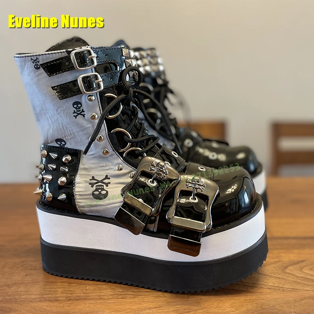 Metal Rivet Spikes Platform Punk Motorcycle Boots Round Toe Thick Sole Skull Pattern Belt Buckle Lace-Up Heavy Work Ankle Booty