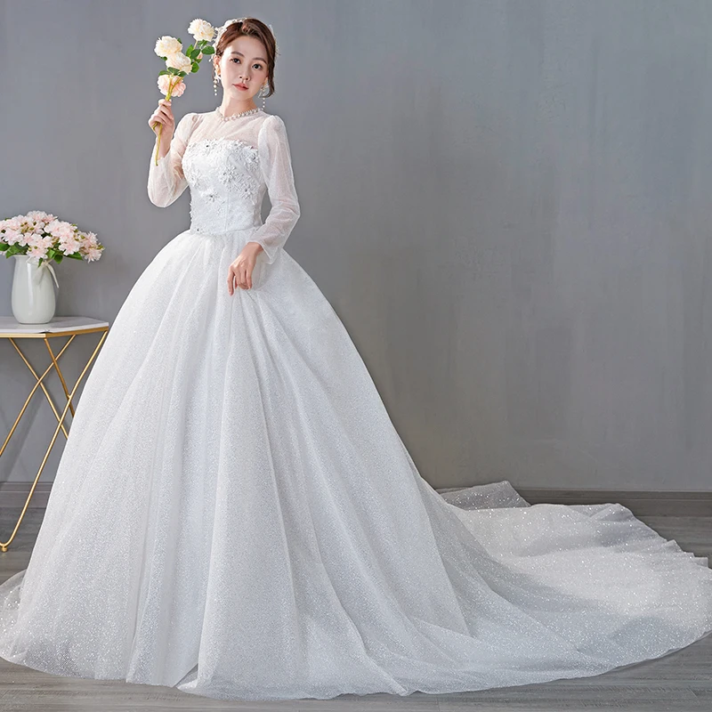 AnXin SH princess white flower lace vintage o neck beading pearls illusion long sleeve ball gown customized wedding dress