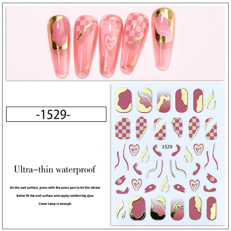 Nail art sticker for Valentine's Day red black heart wave lines lattice with gold Edge line back glue nail strips YJ077