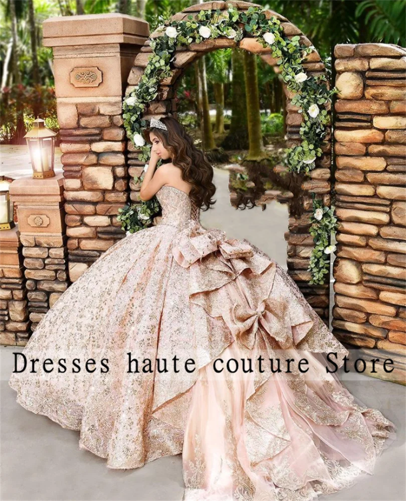 Gaun Malam Quinceanera Busur Kristal Berenda Gaun Bola Korset Sweetheart Gaun Pesta 16 Drss Manis Vestidos De 15 Años