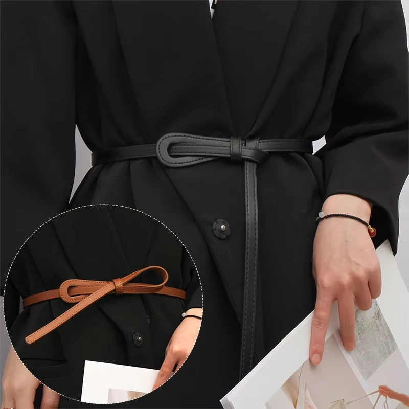 Women's Thin Knotted Belt Vinatge Solid Color PU Leather Long Skinny Waist Belts Female Lady Dress Coat Decorative Straps
