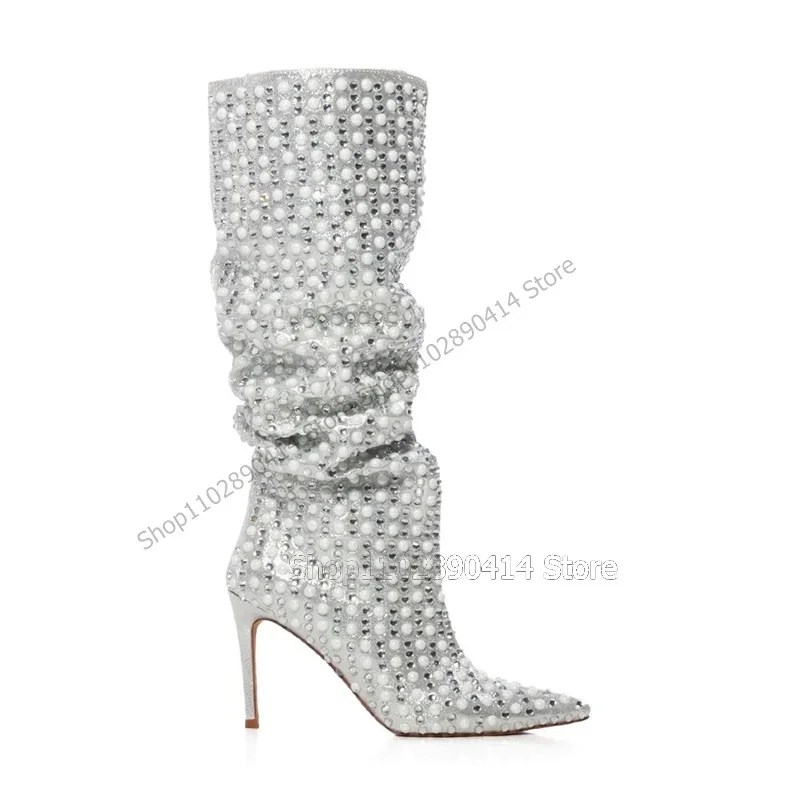 

Silver Pearl Rhinestone Decor Pointed Toe Boots Slip On Women Shoes Thin High Heels Sexy Fashion Runway 2023 Zapatos Para Mujere