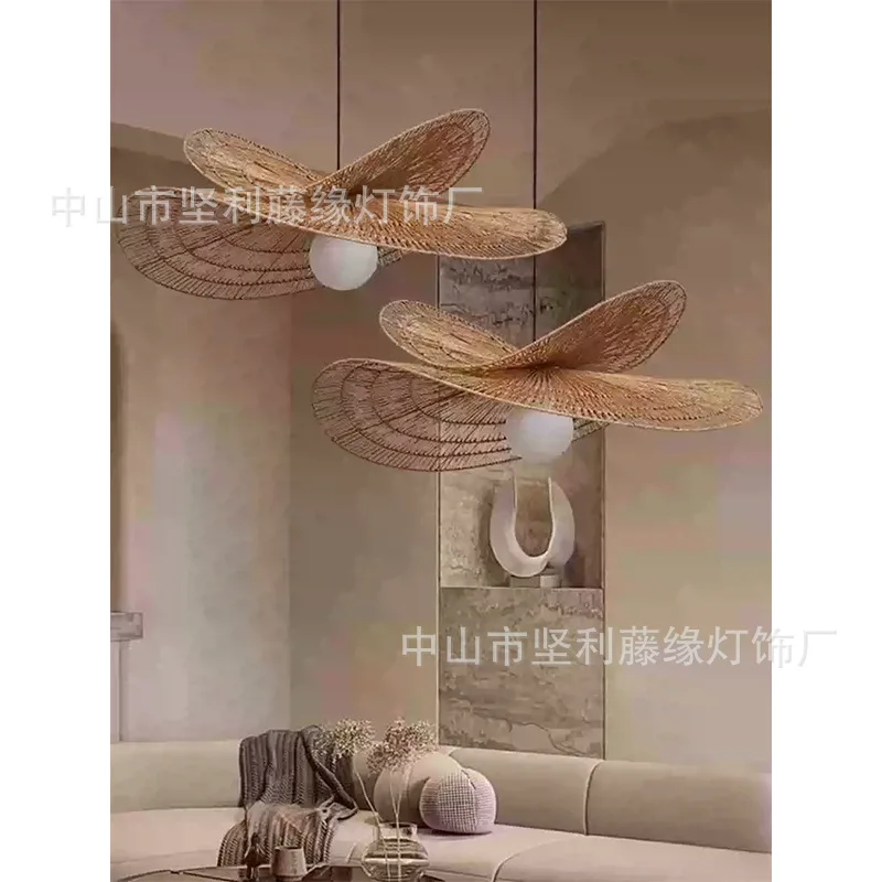 Cross-border rattan art chandelier wabi sandy wind bamboo weaving creative living room dining chandelier homestay rattan