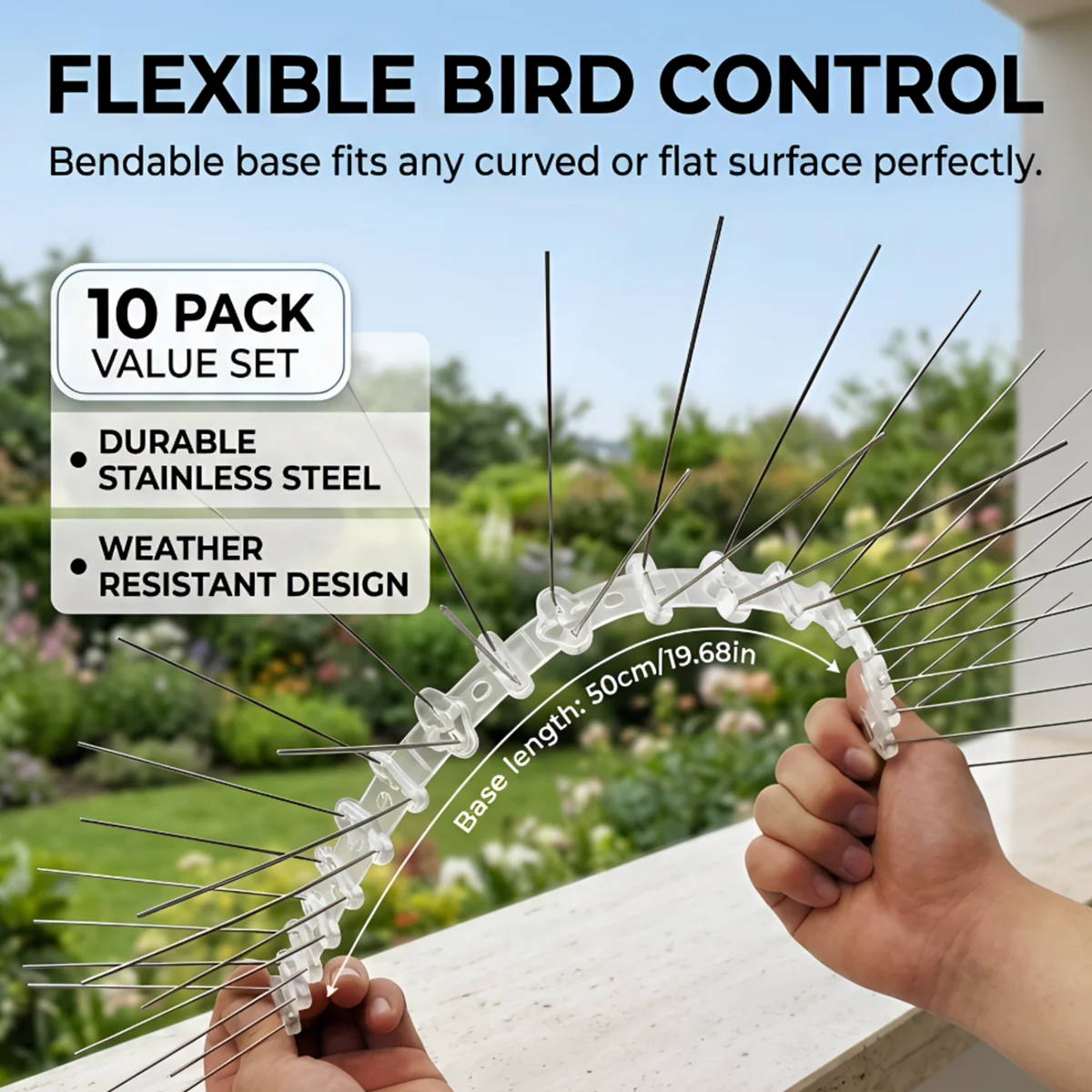 

10 Pack Stainless Steel Bird Spikes - Deter Pigeons & Birds, Flexible Base for All Surfaces