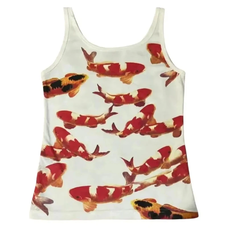 European American Grunge Style Street Tops Summer Simple Casual Group Koi Fish Pattern Printed Ladies Round Neck Sleeveless Vest