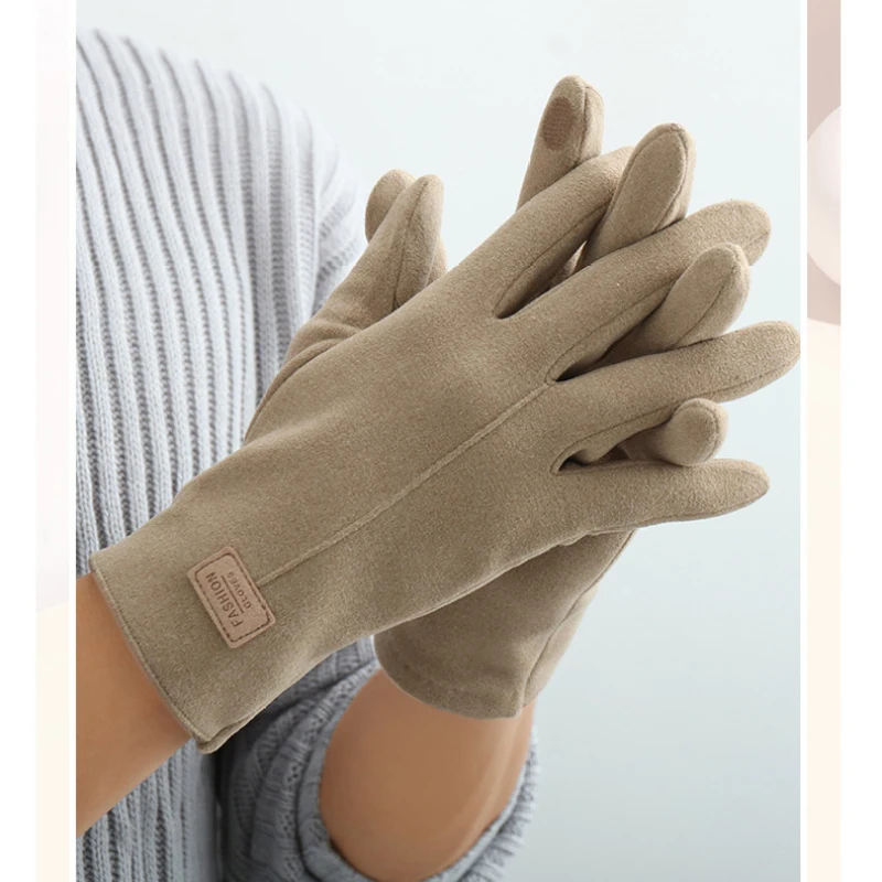 قفازات نسائية شتوية تعمل باللمس من جلد الغزال مع مخمل داخلي سميك، لون موحد لركوب الدراجات في الهواء الطلق والقيادة