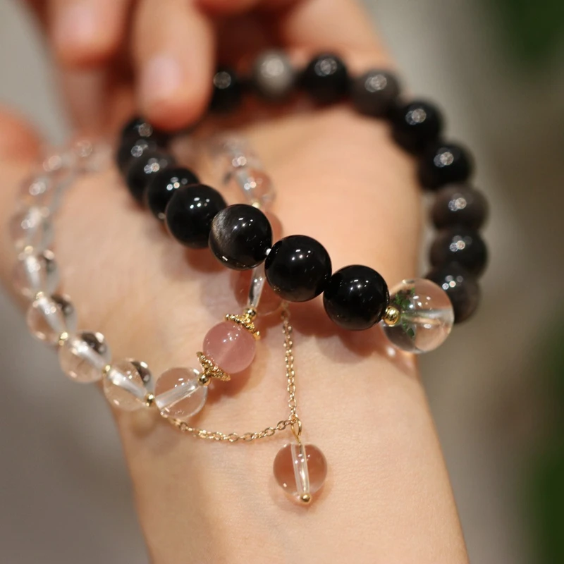 

Vintage Natural White Pink Crystal Black Obsidian Beaded Strand Bracelets for Women Men Couples Fine Jewelry Gifts YBR851