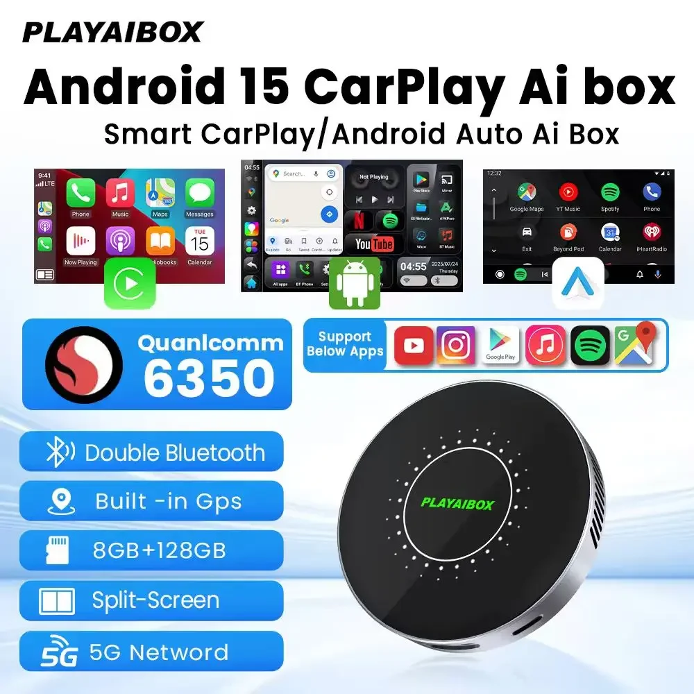 Android 15 Wireless CarPlay Android Auto Dongle SM6350 8+128GB 5G Netword يدعم Youtube/Netflix TF/SIM بطاقة للسيارات السلكية بنسبة 98%