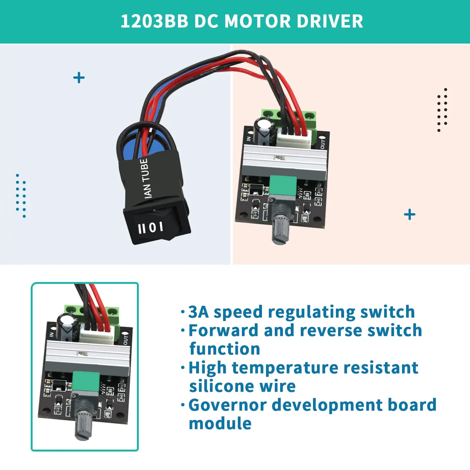 6V 12V 24V 28V 3A 80W DC Motor Speed Controller (PWM) Speed Adjustable Reversible Switch 1203BB DC Motor Driver Reversing