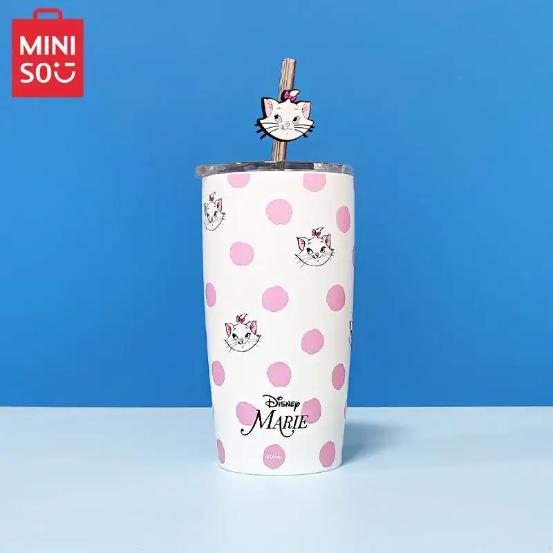 Miniso 530Ml Disneys Mary Cat Straw Insulation Water Cup Girl Cartoon Characters Kawaii Anti-Scaldh Hig Capacity Anti-Fall