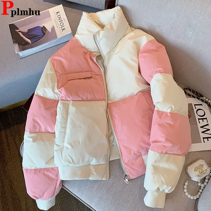 Pink Spliced Down Cotton Coats Tops Winter Warm Korea New Chaqueta Loose Casual Abrigo Elegant Women Snow Wear Jaqueta Casaco