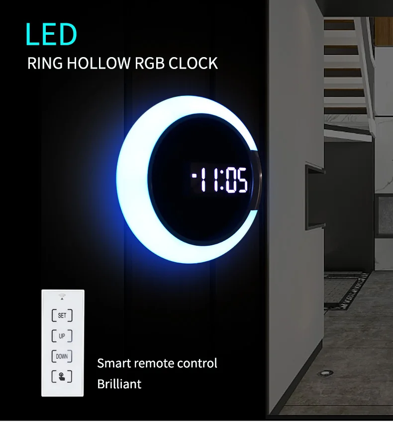 Modern RGB LED Hollow Ring Wall Clock Thermometer Alarm Colorful Home Living Room Decoration Clock with Remote Control