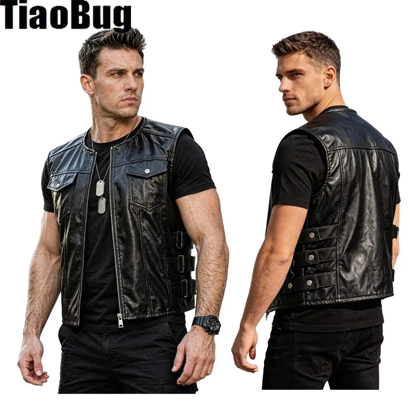 Men Motorcycle Faux Leather Vest Tops Side Button Straps Zipper Sleeveless Jacket with Flap Pockets for Motorcycling Club Party