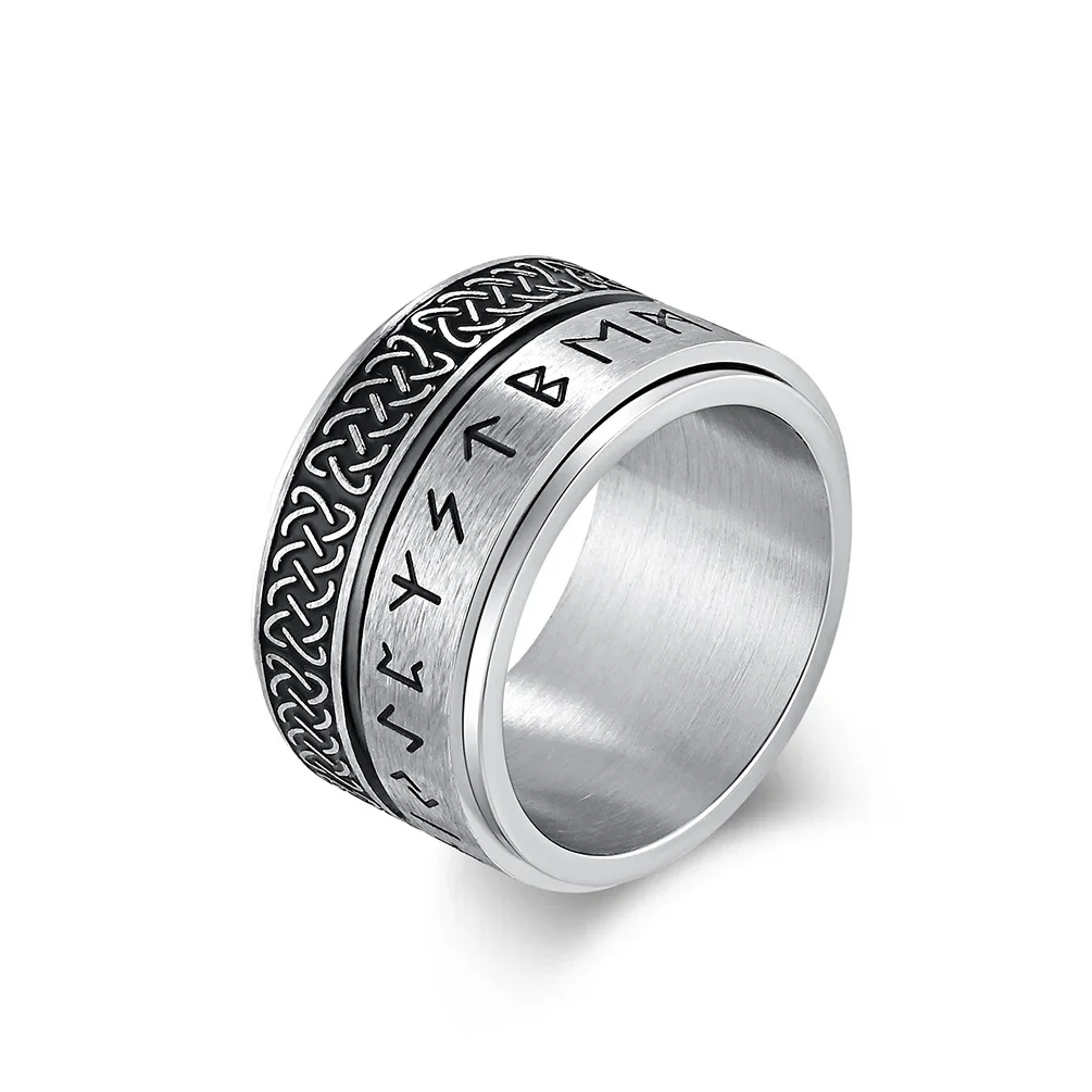 14mm Fashion Vintage Rune Ring for Men Nordic Retro Viking Text Celtic Knot Rotatable Stainless Steel Ring