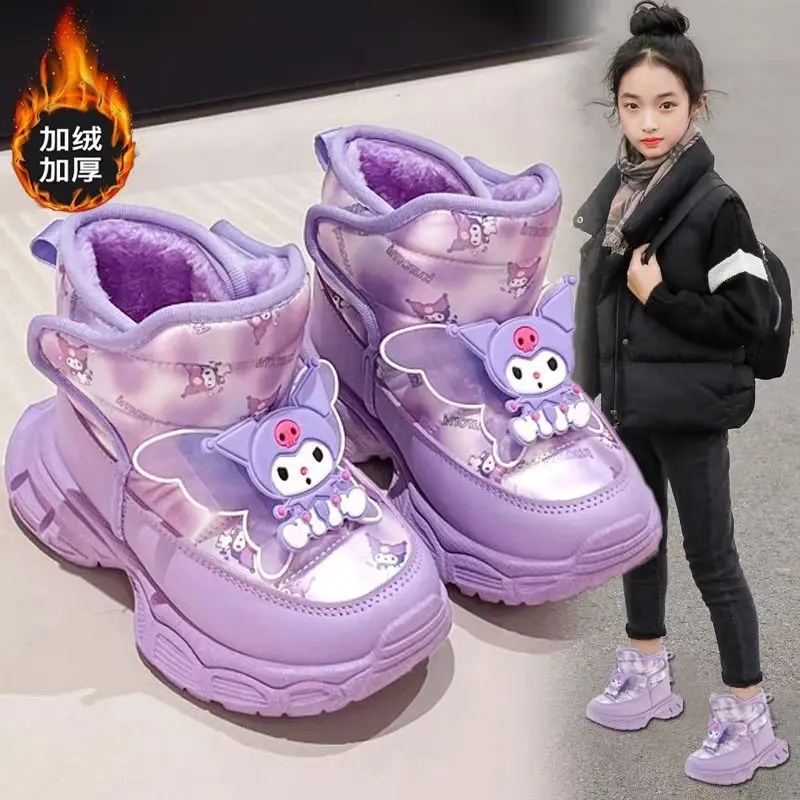 Kawaii Sanrio Kuromi Snow Boots для девочек, большие хлопковые ботинки на толстой подошве, зимние нескользящие резиновые подошвы, новый стиль, милая модная теплая обувь