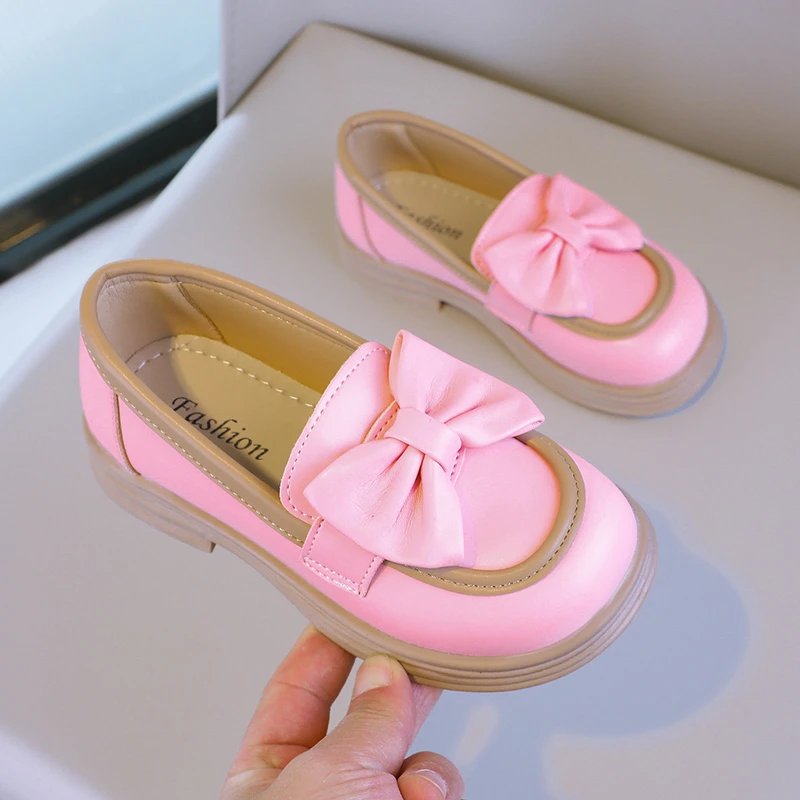 2024 New Girls Loafers Cute Bow Fashion Kids Leather Shoes Slip-on Bow Non-slip Children Casual Shoes Drop Shipping Round-toe