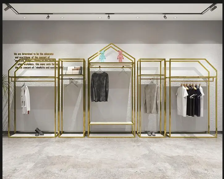 Stainless steel clothing store display rack Floor-to-ceiling double-layer gold display rack hanging clothes shelf