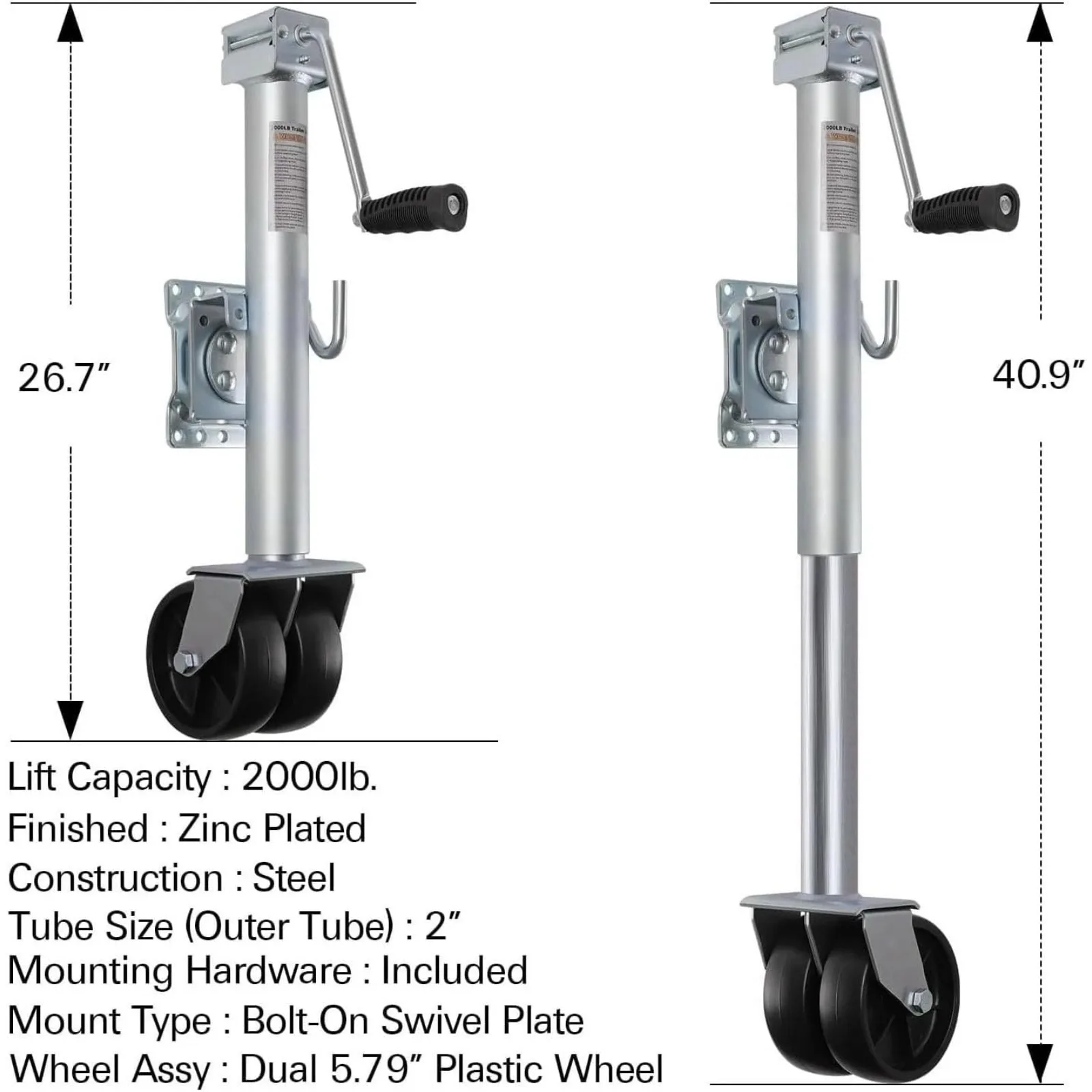 US Trailer Jack, Heavy Duty Swivel Boat Trailer Jack with Dual Wheels, 2000 lbs, 14" Lift