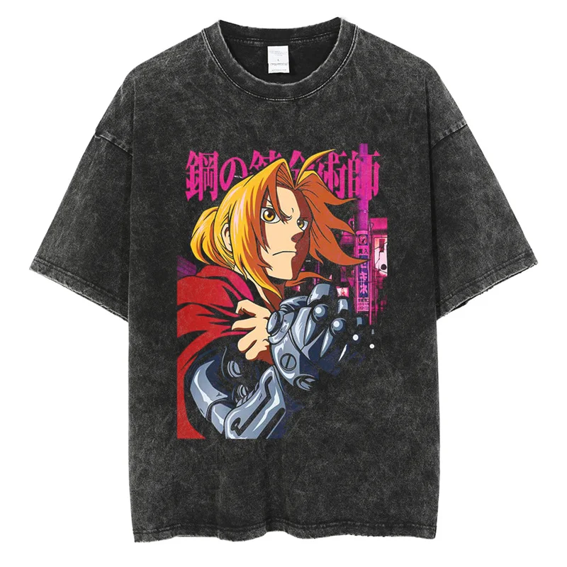 

Oversized Vintage Washed Men's T-shirt Demon Slayer Anime Print Streetwear Women Short Sleeved Tee Summer Harajuku Casual Tops