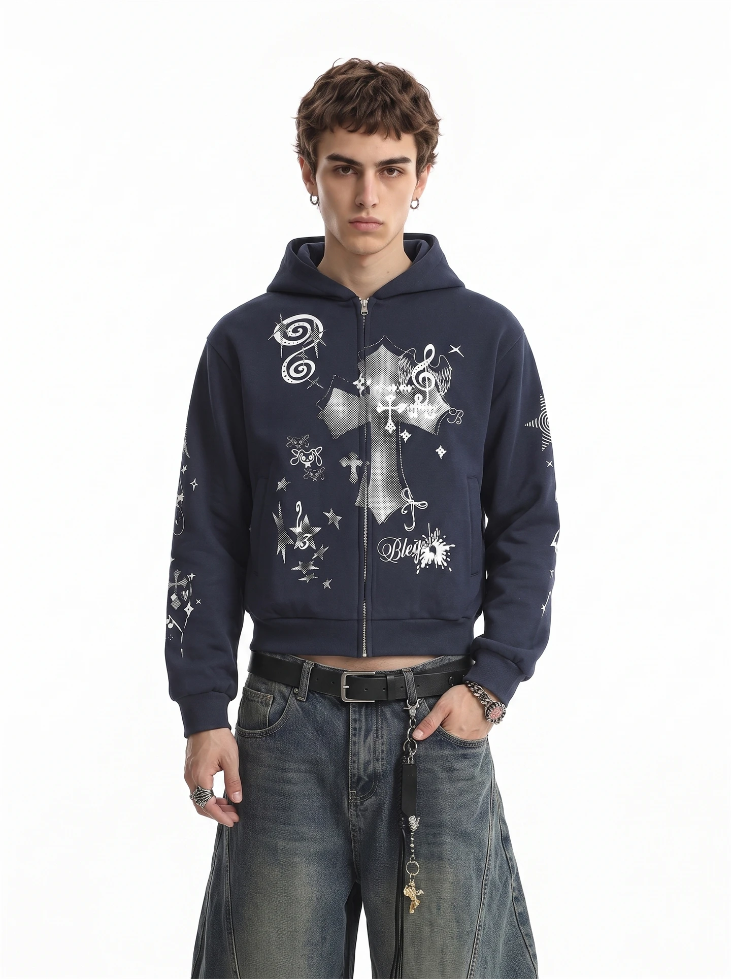BETEBULE American Street Cross Print Hoodie Men's New Casual Jacket Autumn Season Youth Popular Standard Fit Long Sleeve Zipper