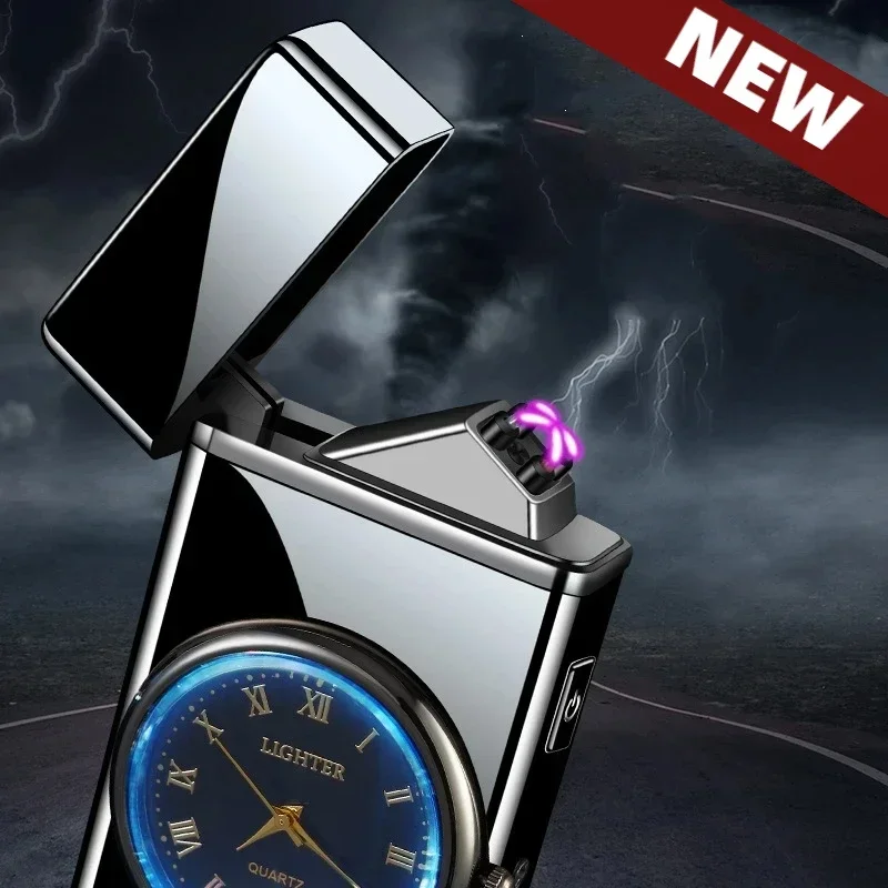 Metal Clock Dual Arc Lighter LED Display USB Rechargeable Portable Flameless Lighter Outdoor Camping Flashlight Men\'s Gifts 2024